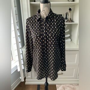 WHO WHAT WEAR Gold White Dot Button Up Long Sleeve Blouse Black Womens SZ Small